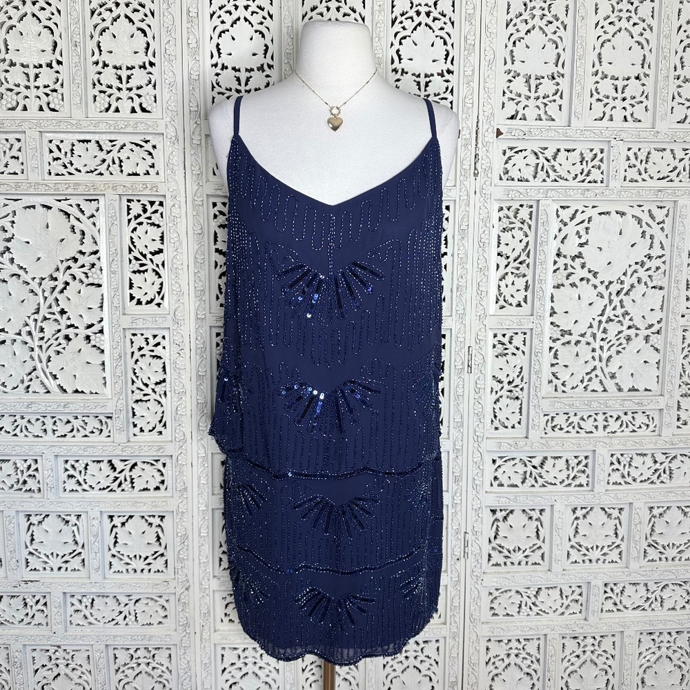 Laundry Shelli Segal Navy Blue Beaded Fairy Core Tiered Flapper Cocktail Dress